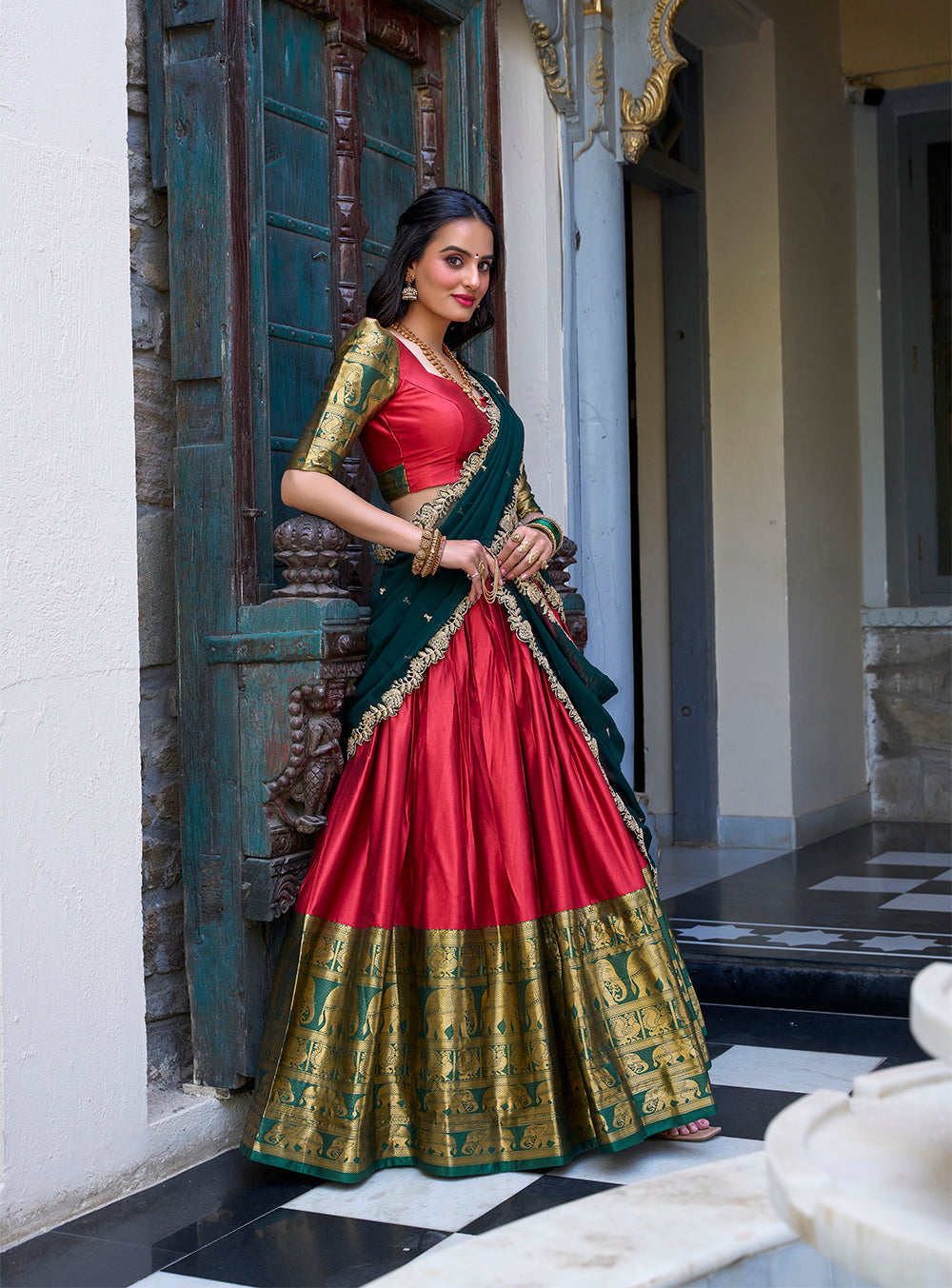 Red Pure Narayan Pattu with Zari Weaving &amp; Embroidery Paithani Lehenga Choli