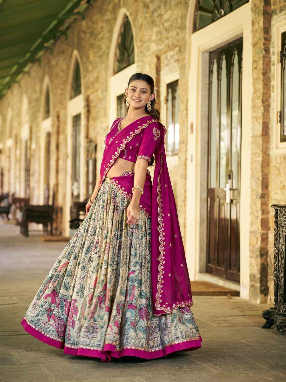 Cream Pure Soft Tussar Silk Kalamkari Print Lehenga Choli