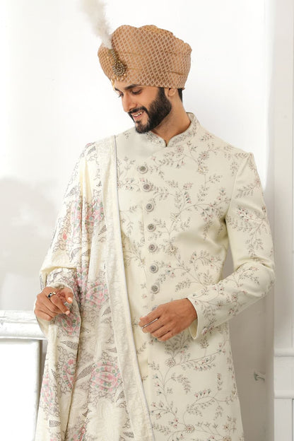 Cream Art Silk Sherwani for Men with Dupatta