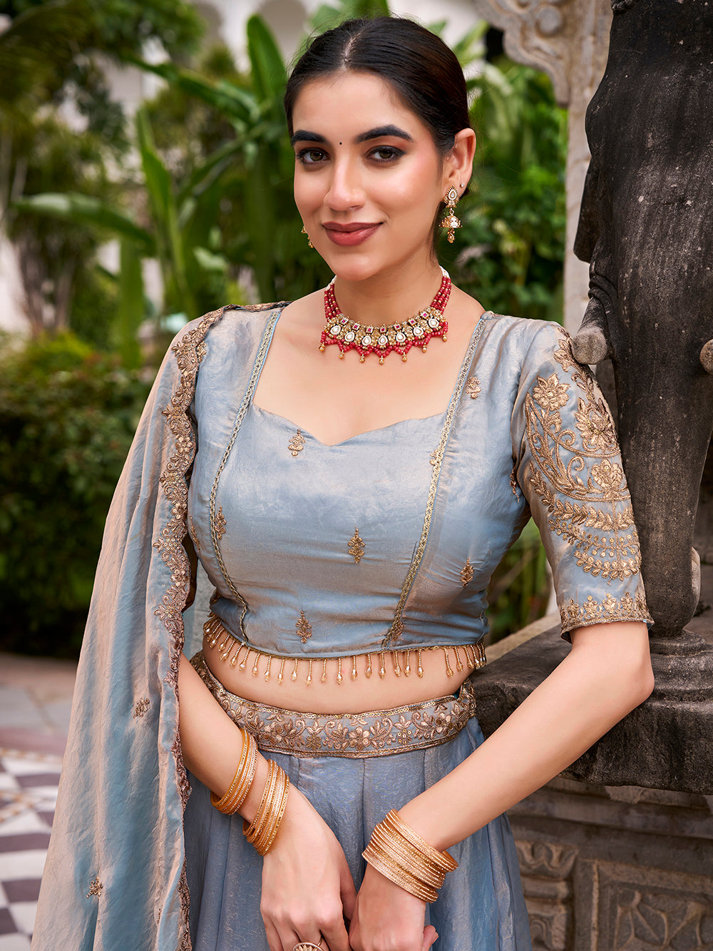 Sky Pure Fendi Silk Sequins &amp; Thread Embroidery Work Lehenga Choli