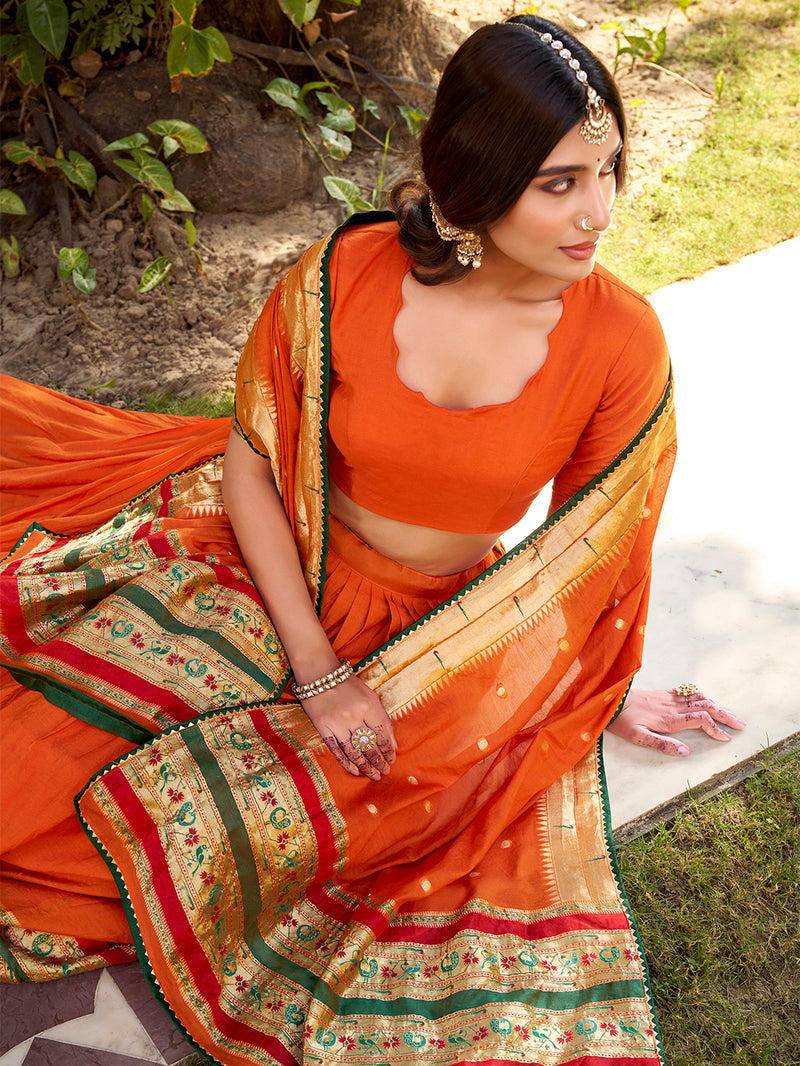 Orange color Chanderi Ghaghra Choli ##color## Sequins Lehenga with premium fabric and embroidery