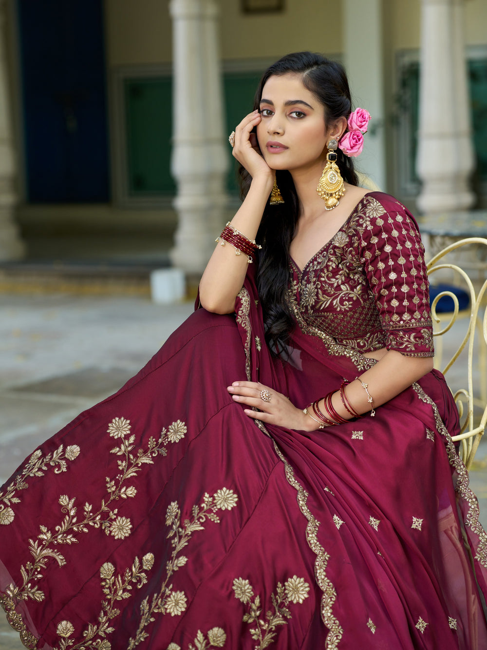 Maroon Pure Rangoli Silk Sequins &amp; Thread Embroidery Work Lehenga Choli