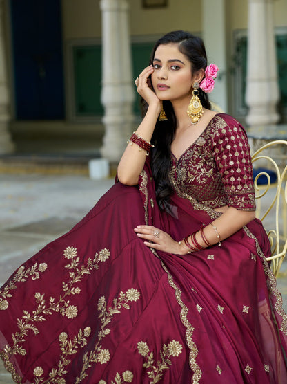 Maroon Pure Rangoli Silk Sequins &amp; Thread Embroidery Work Lehenga Choli
