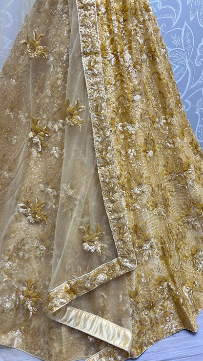 Golden Pure Soft Heavy Net Sequins Embroidery Work Bridal Lehenga Choli 
