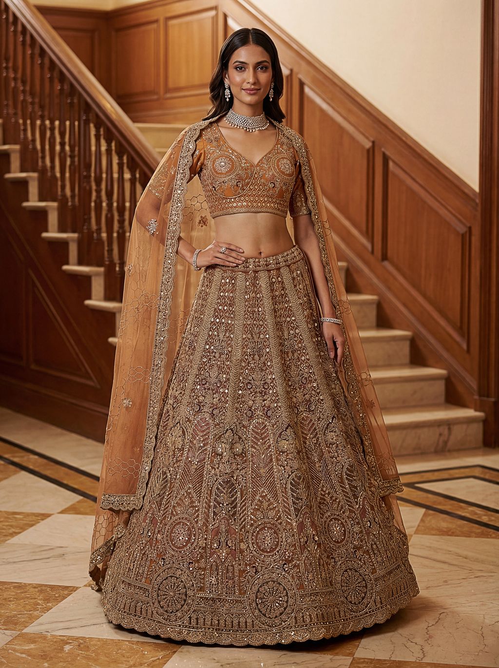 Orange Pure Soft Heavy Net Sequins Embroidery Work Bridal Lehenga 