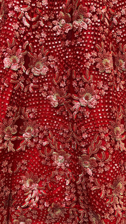 Red Pure Soft Heavy Net Sequins Embroidery Work Bridal Lehenga 