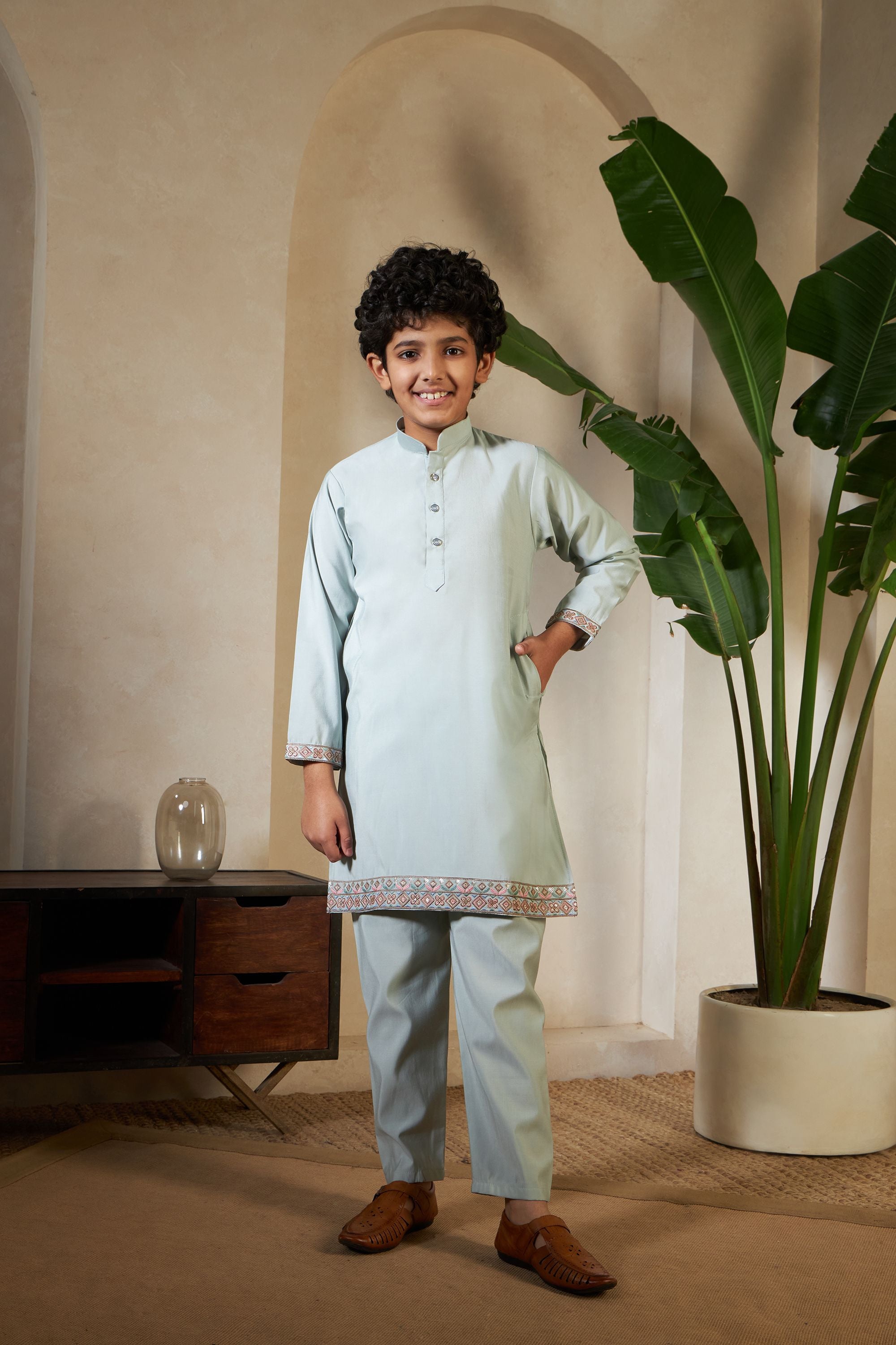 Pista Pure Viscose Silk Silk Kids Boy Kurta Pajama With Koti Jacket 