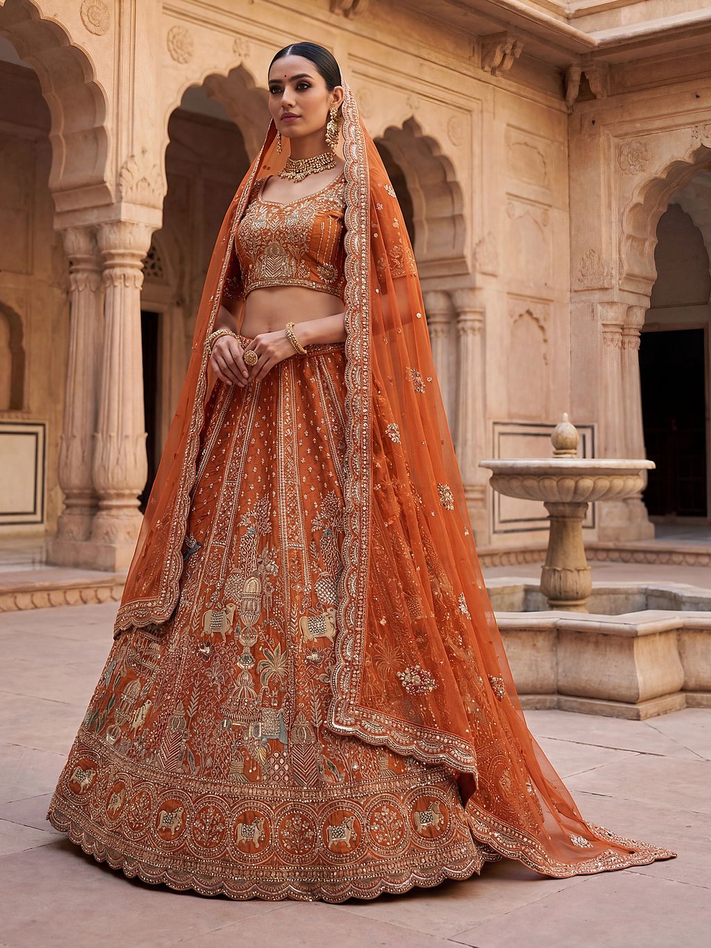 Orange Pure Soft Gadwal Silk Heavy Embroidery Work Bridal Lehenga 