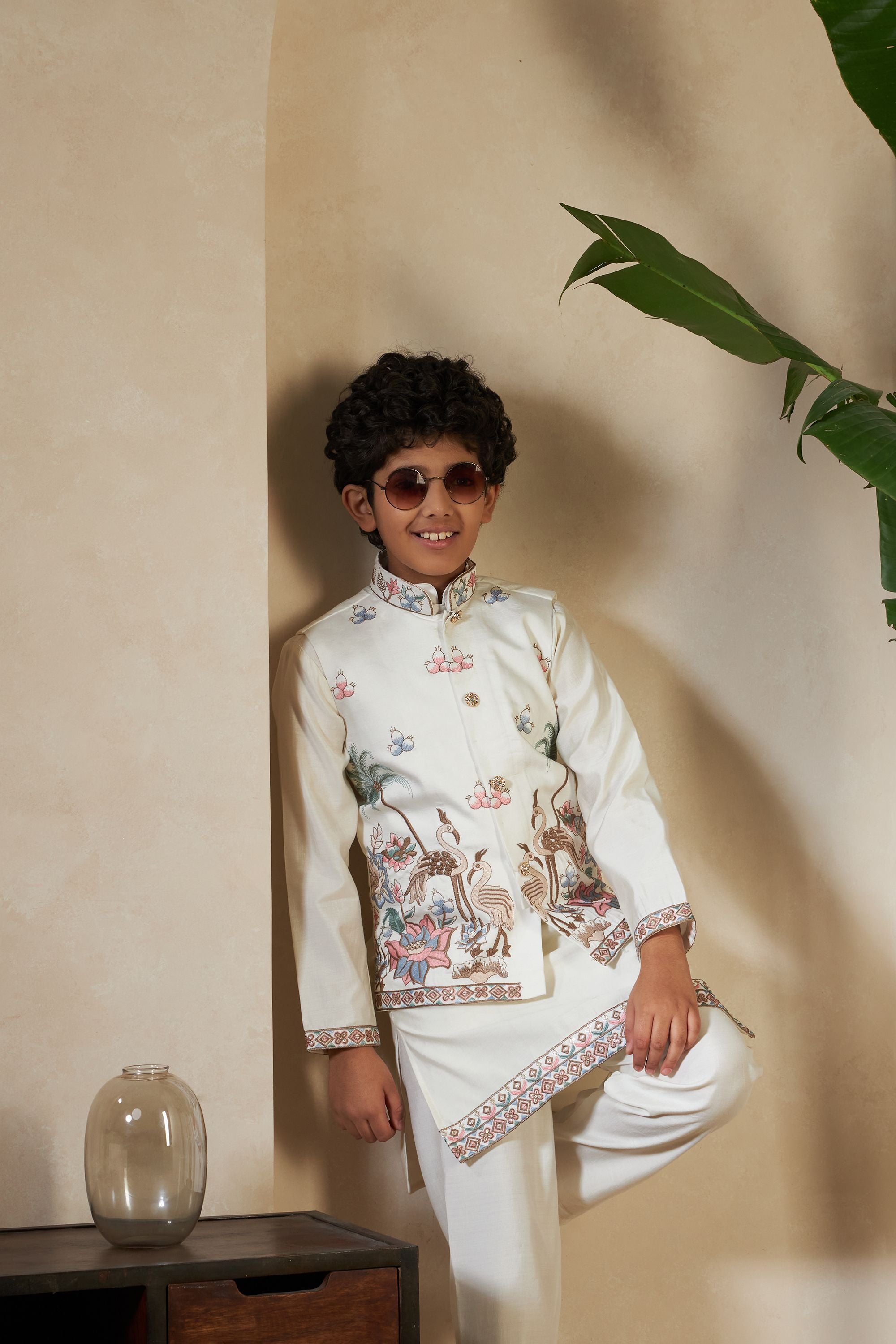 White Pure Viscose Silk Silk Kids Boy Kurta Pajama With Koti Jacket 