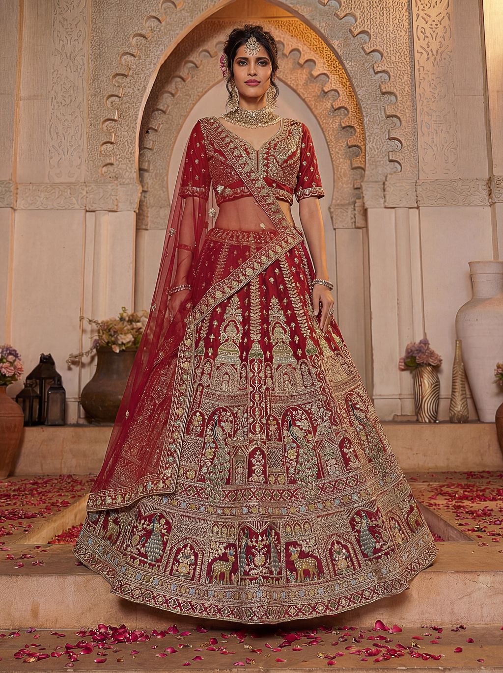 Red Pure Soft Silk Heavy Embroidery Work Bridal Lehenga