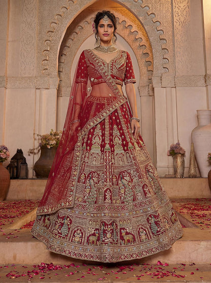 Red Pure Soft Silk Heavy Embroidery Work Bridal Lehenga 