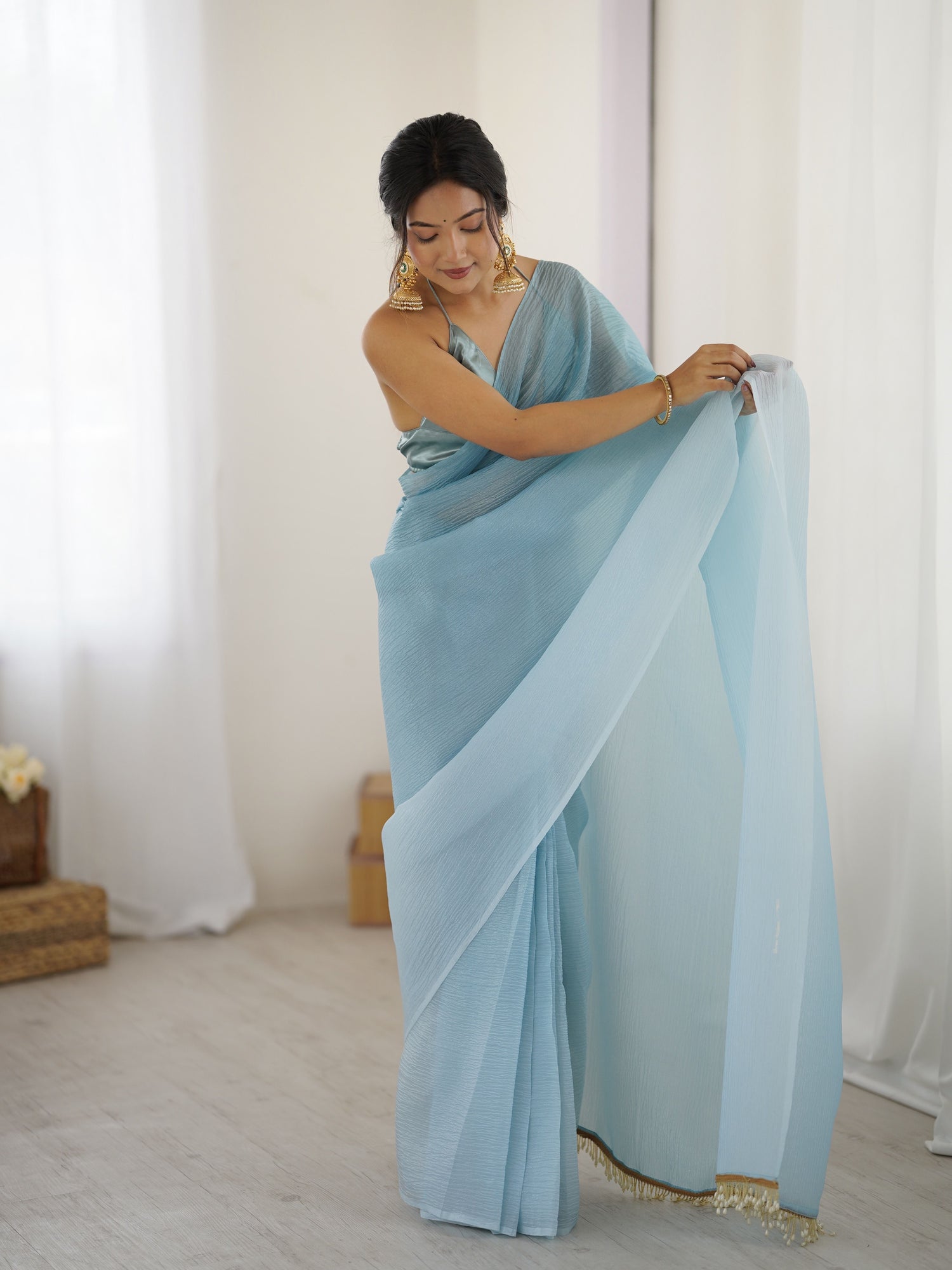 Sky shaded Pure Soft Candy Crush Silk Ready to Wear Saree 
