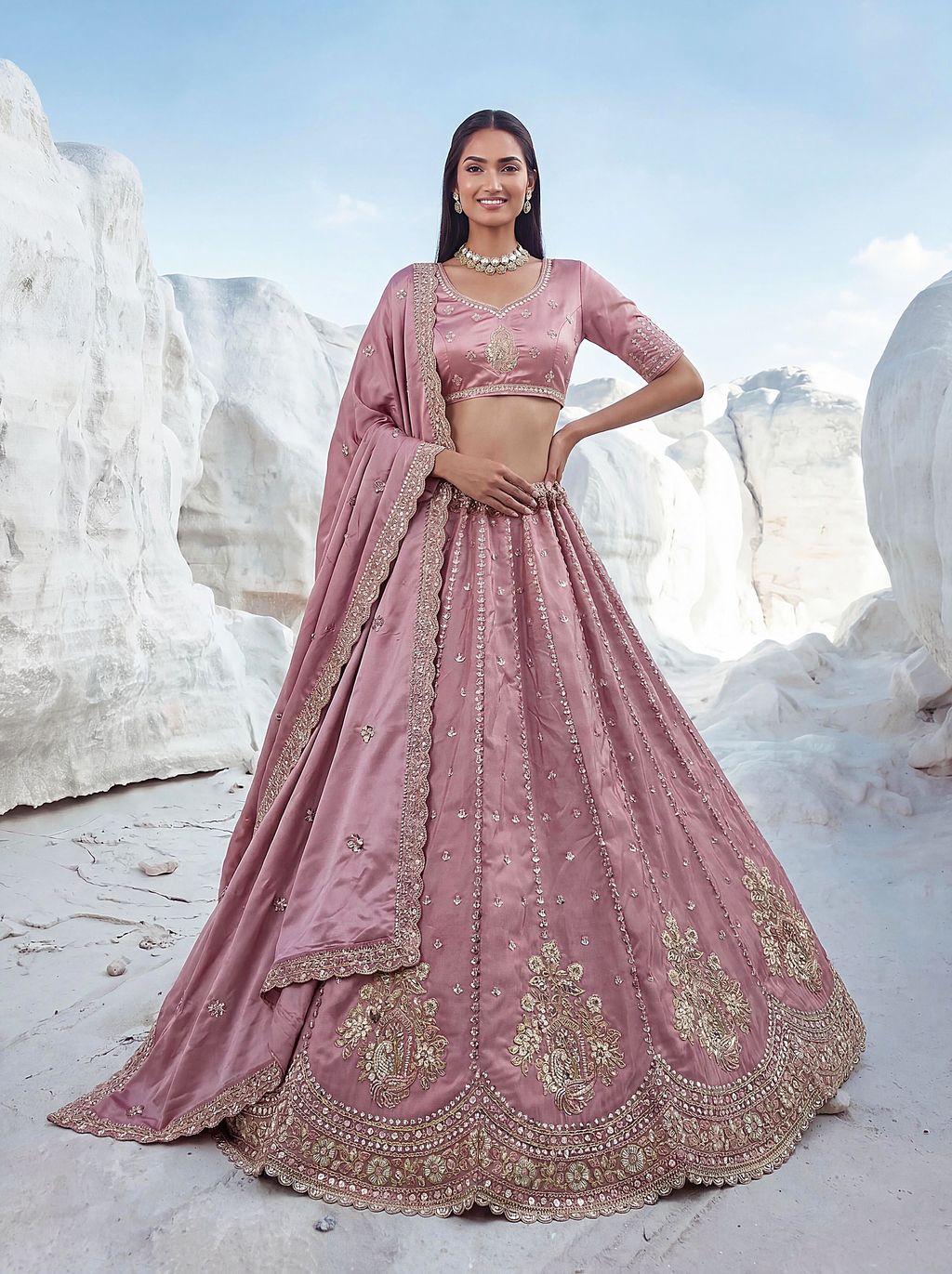 Pink Pure Soft Silk Heavy Sequins Embellishment Work Bridal Lehenga Choli 