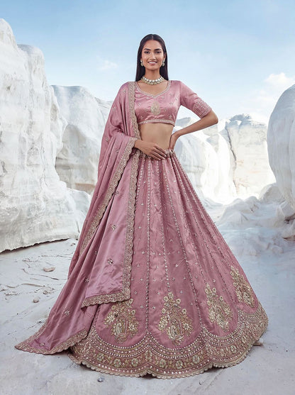 Pink Pure Soft Silk Heavy Sequins Embellishment Work Bridal Lehenga Choli 
