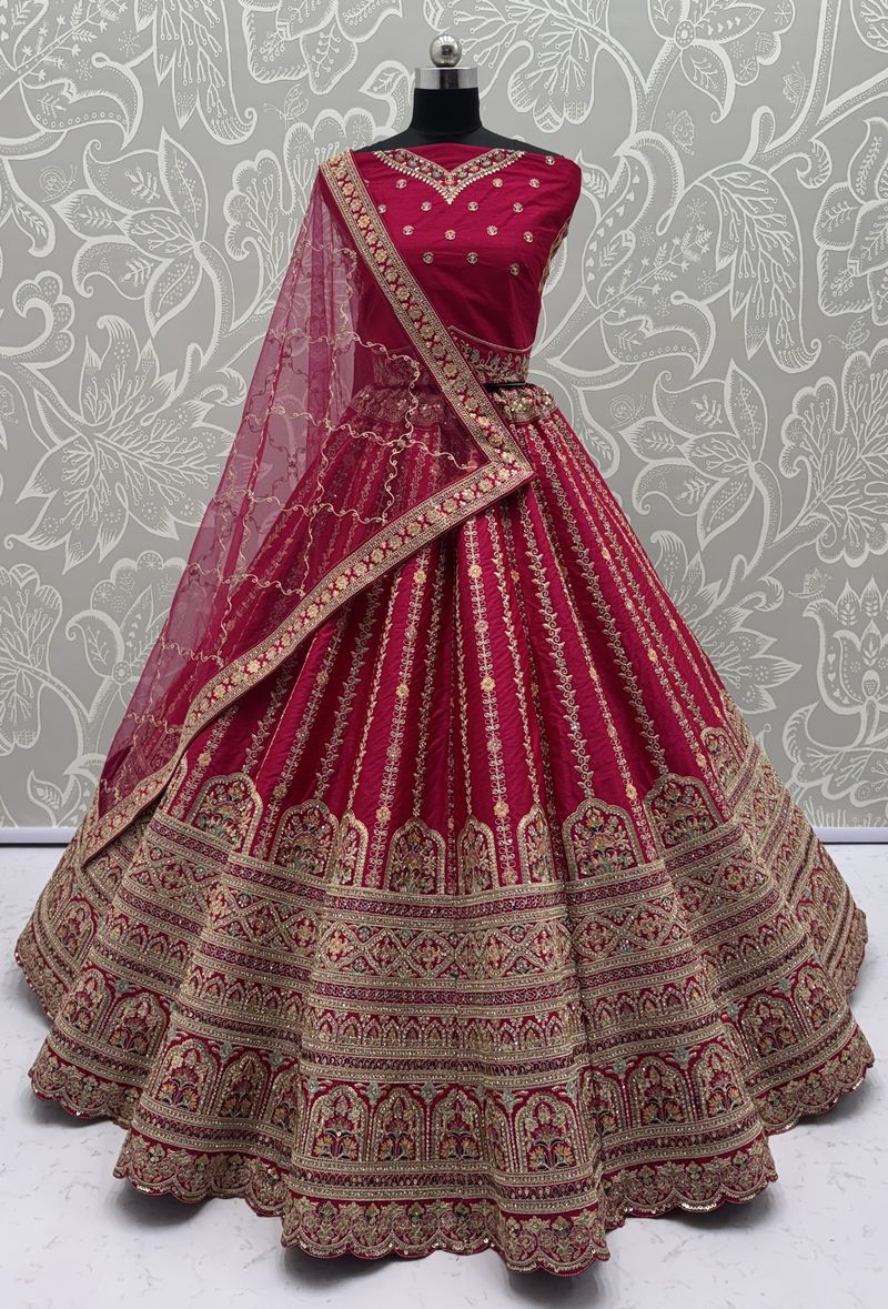 Raspberry Pure Soft Gadhwal Silk Heavy Embroidery Work Bridal Lehenga