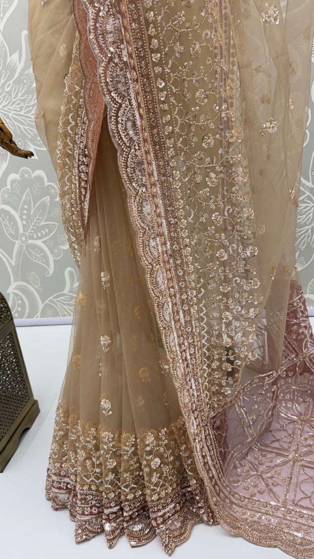 Cream Gold Pure Premium Net Handwork Kasti &amp; Motif Zari Metallic Sequins Work Wedding Saree