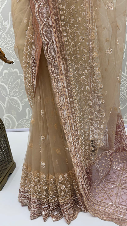 Cream Gold Pure Premium Net Handwork Kasti &amp; Motif Zari Metallic Sequins Work Wedding Saree