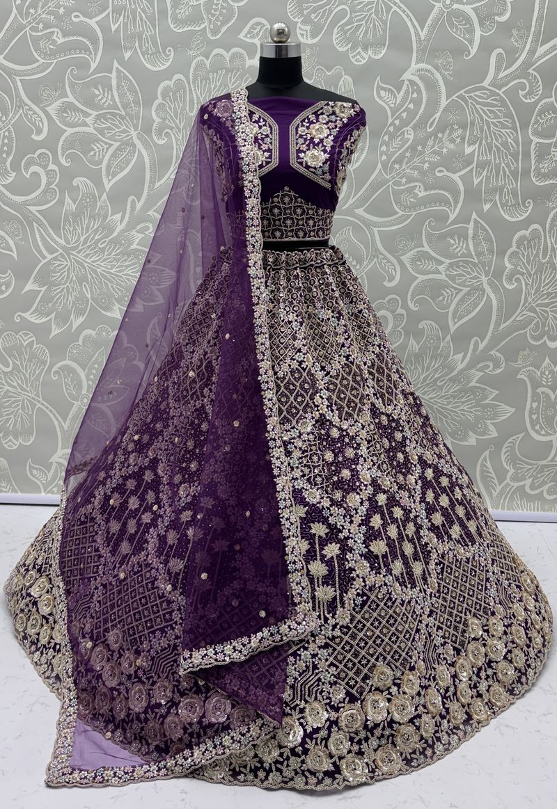 Indigo Pure Soft Net Heavy Embroidery Work Bridal Lehenga