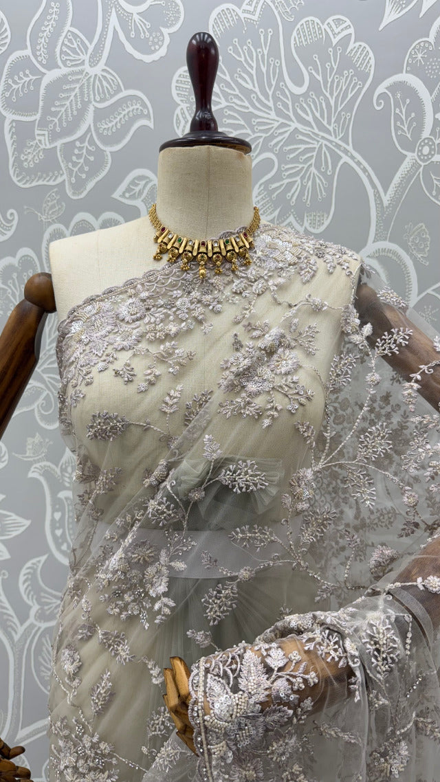 Beige Pure Premium Net Handwork Kasti &amp; Motif Zari Metallic Sequins Work Wedding Saree