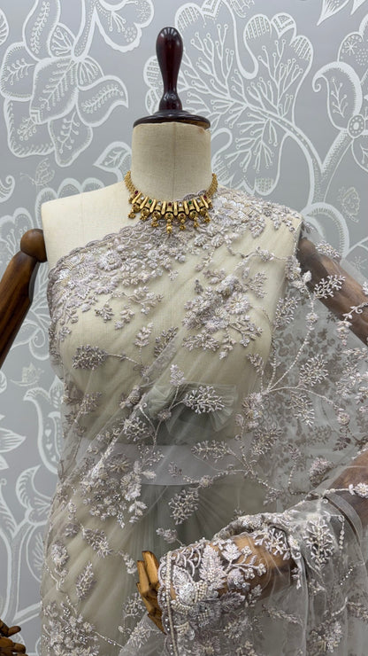 Beige Pure Premium Net Handwork Kasti &amp; Motif Zari Metallic Sequins Work Wedding Saree