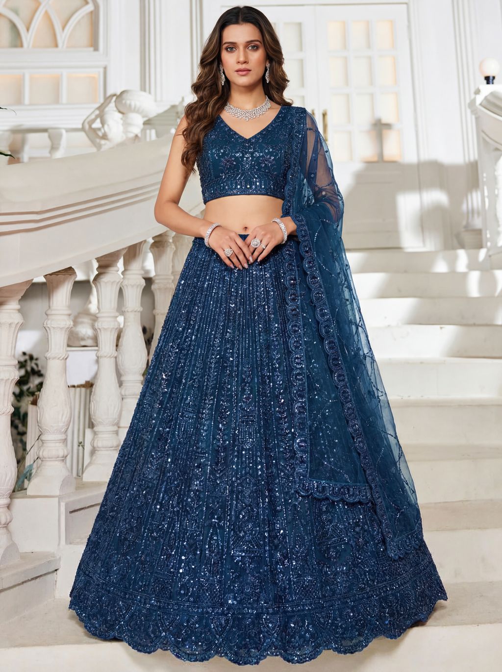 Blue Pure Soft Net Heavy Embroidery Work Bridal Lehenga 