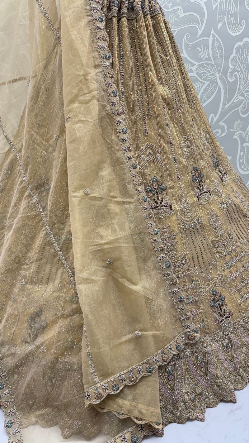 Golden Pure Soft Heavy Net Fancy Embroidery Work Bridal Lehenga Choli