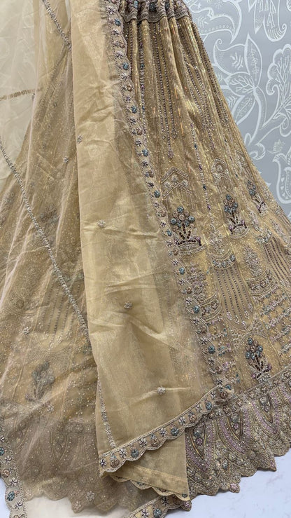 Golden Pure Soft Heavy Net Fancy Embroidery Work Bridal Lehenga Choli