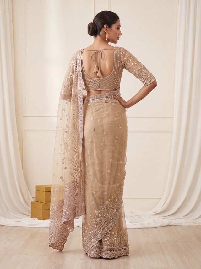 Cream Gold Pure Premium Net Handwork Kasti &amp; Motif Zari Metallic Sequins Work Wedding Saree
