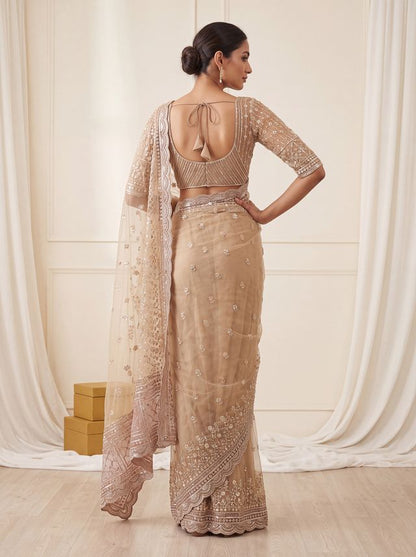 Cream Gold Pure Premium Net Handwork Kasti &amp; Motif Zari Metallic Sequins Work Wedding Saree