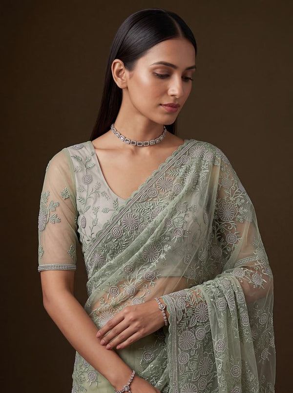 Olive Green Pure Premium Net Handwork Kasti & Motif Zari Metallic Sequins Work Wedding Saree
