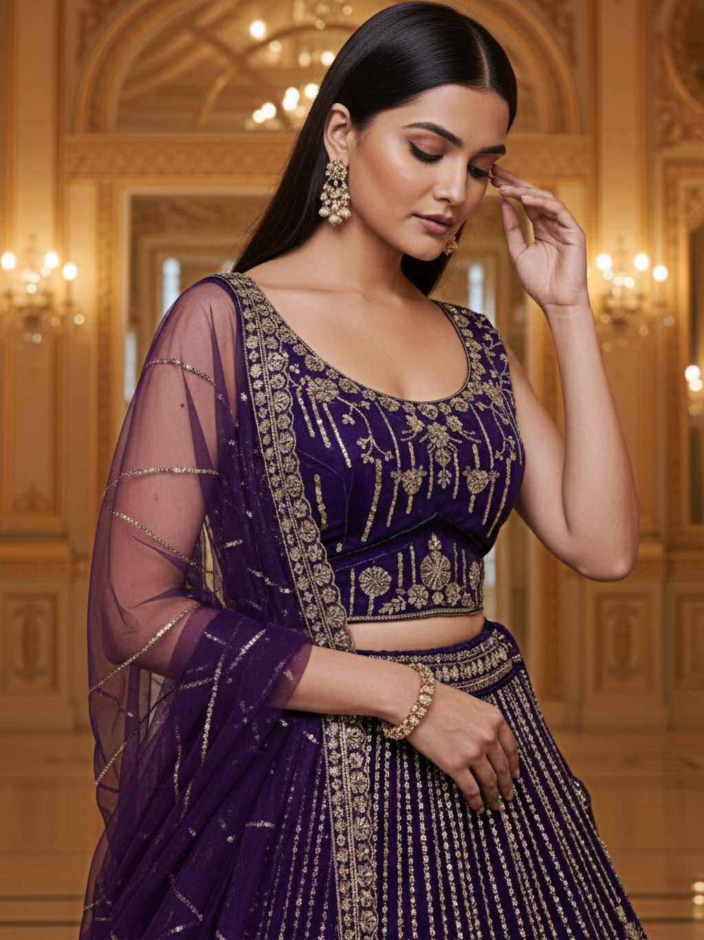 Violet Pure Soft Net Heavy Embroidery Work Bridal Lehenga