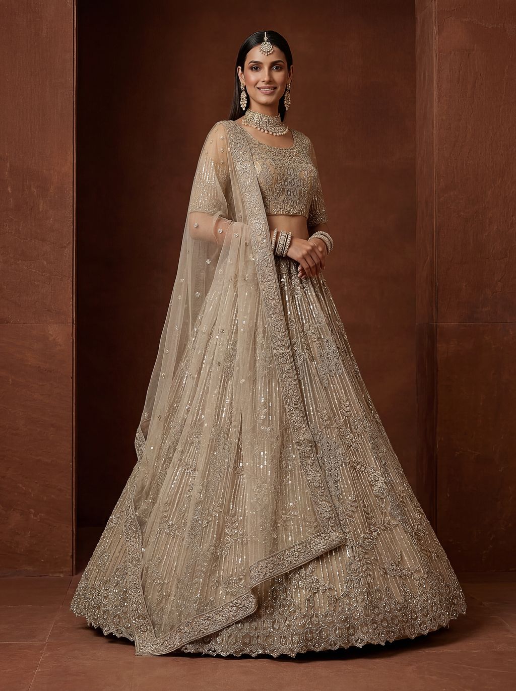 Golden Pure Soft Heavy Net Fancy Embroidery Work Bridal Lehenga Choli