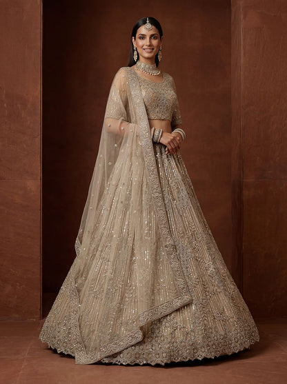 Golden Pure Soft Heavy Net Fancy Embroidery Work Bridal Lehenga Choli