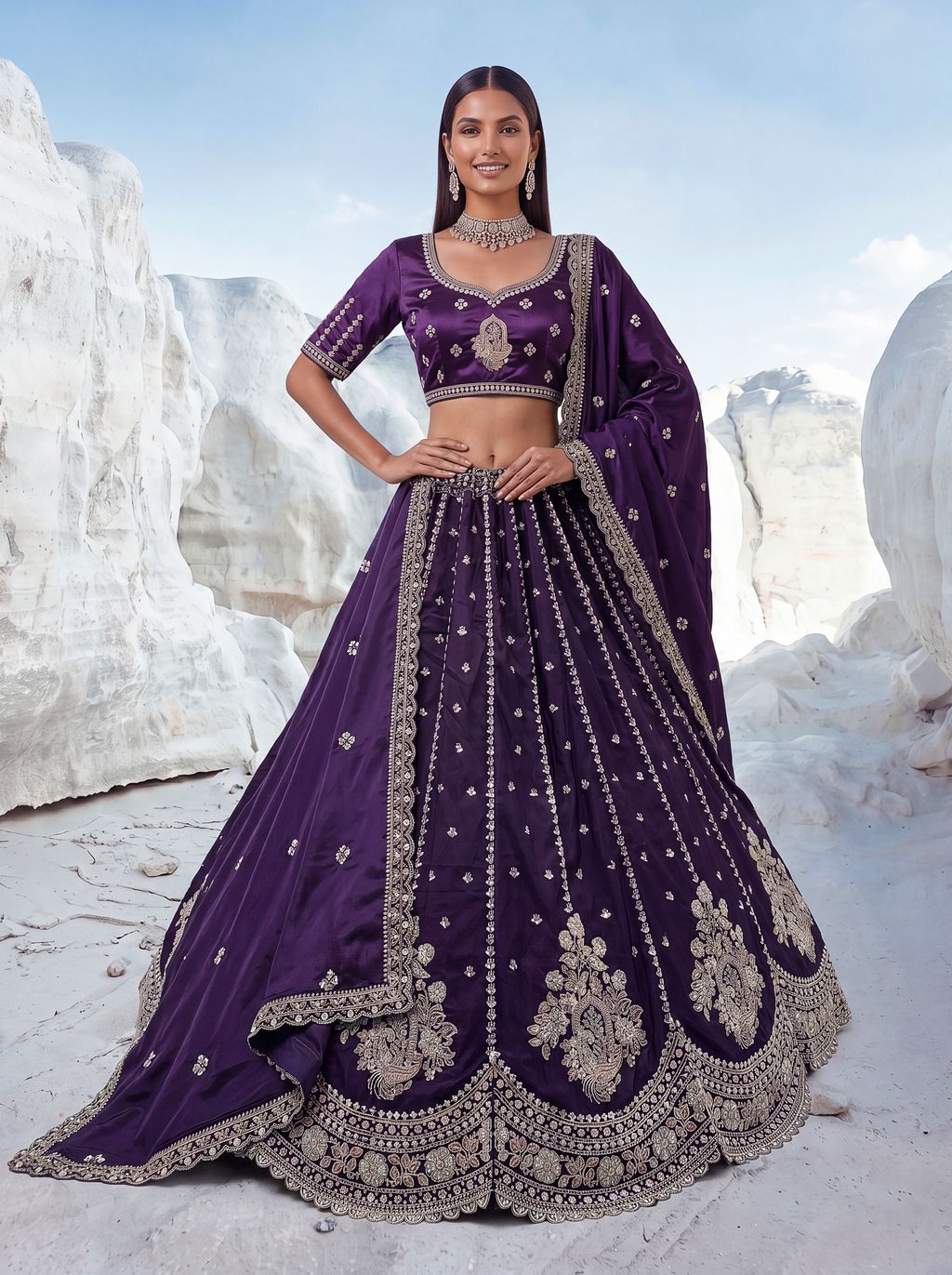 Purple Pure Soft Silk Heavy Sequins Embellishment Work Bridal Lehenga Choli 