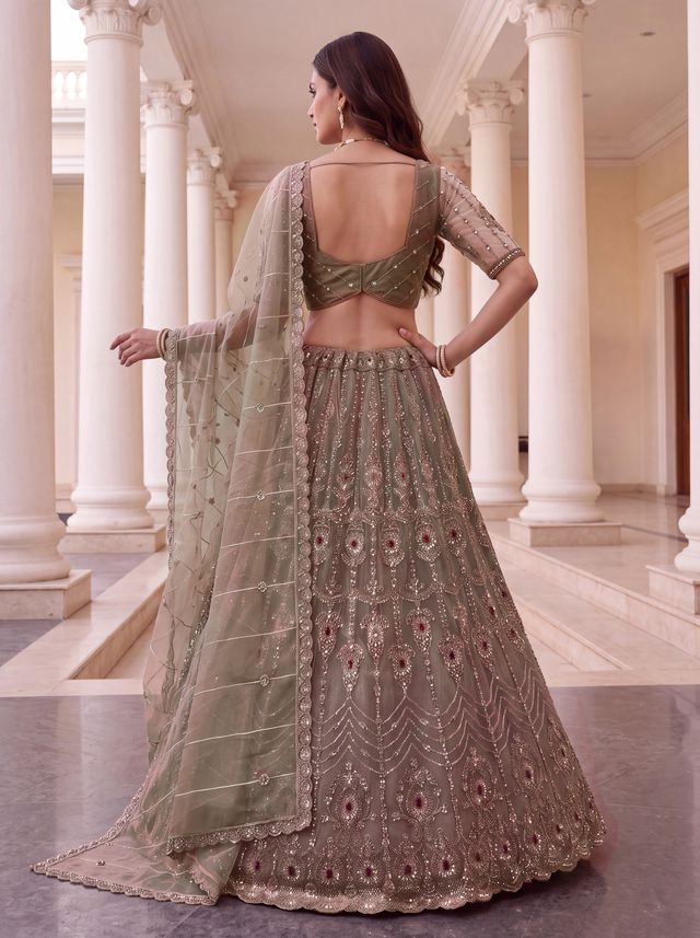 Beige Coppe Pure  Fendi Tussaud Silk Crystal Beads work Multi Thread Dori and Sequins Work Sequins Work Bridal Lehenga Choli