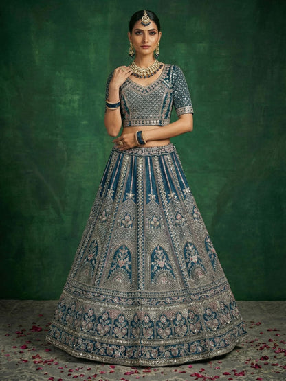 Midnight Blue Pure Soft Satin Silk Heavy Embroidery Work Bridal Lehenga