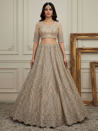 Golden Pure Soft Heavy net Silk Heavy Embroidery Work Bridal Lehenga