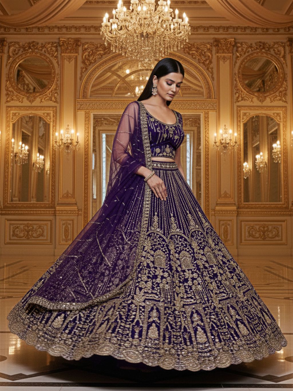 Violet Pure Soft Net Heavy Embroidery Work Bridal Lehenga