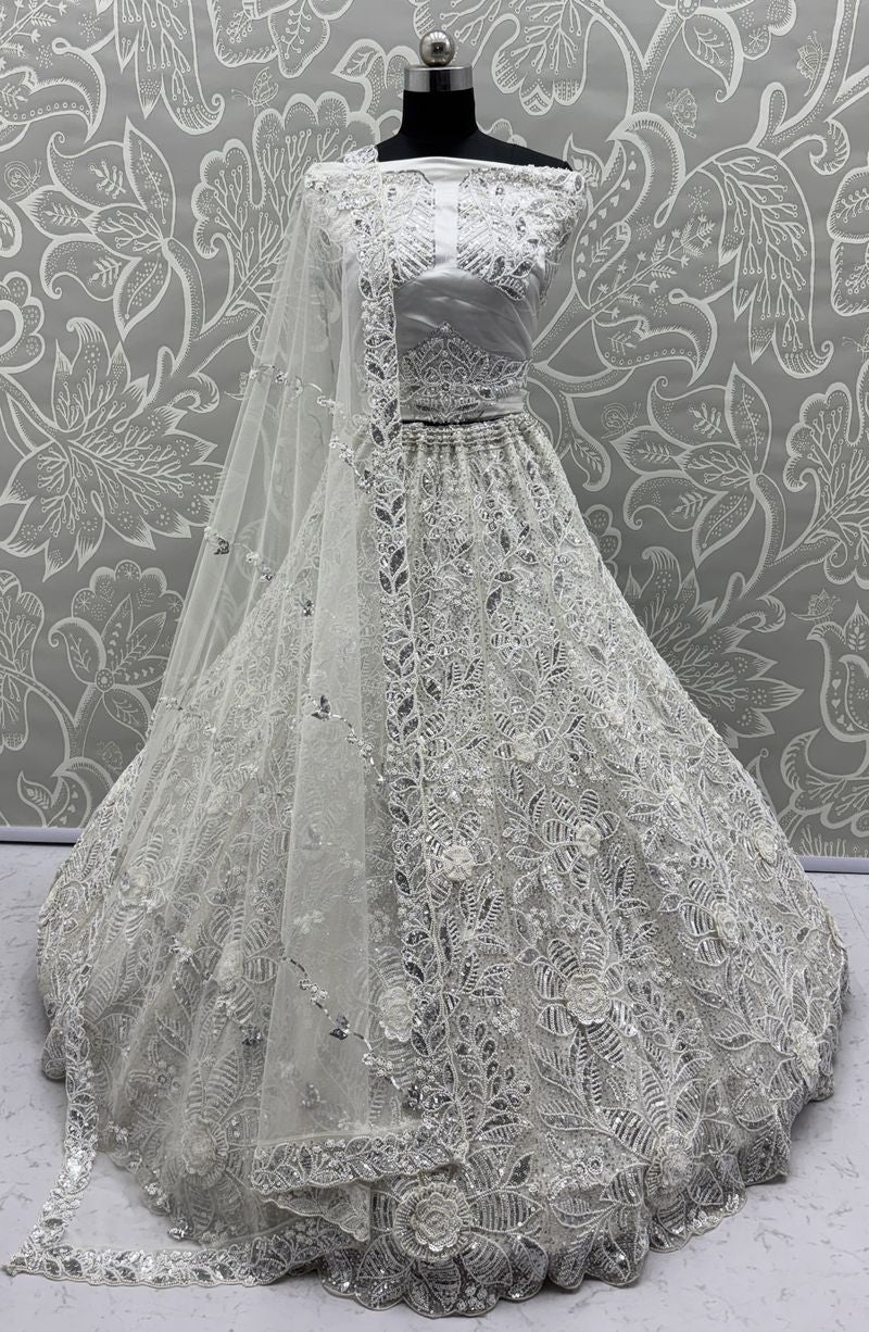 White Pure Soft Net Heavy Embroidery Work Bridal Lehenga