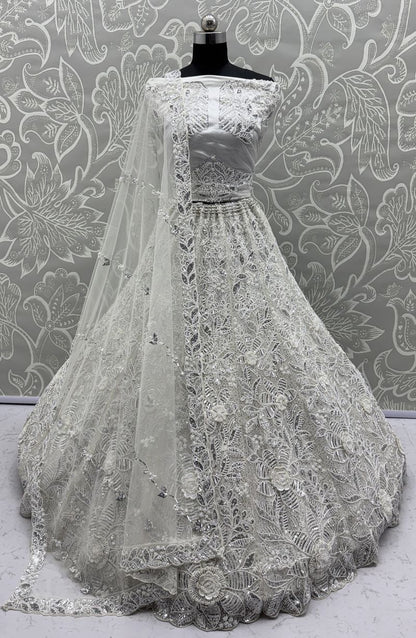 White Pure Soft Net Heavy Embroidery Work Bridal Lehenga