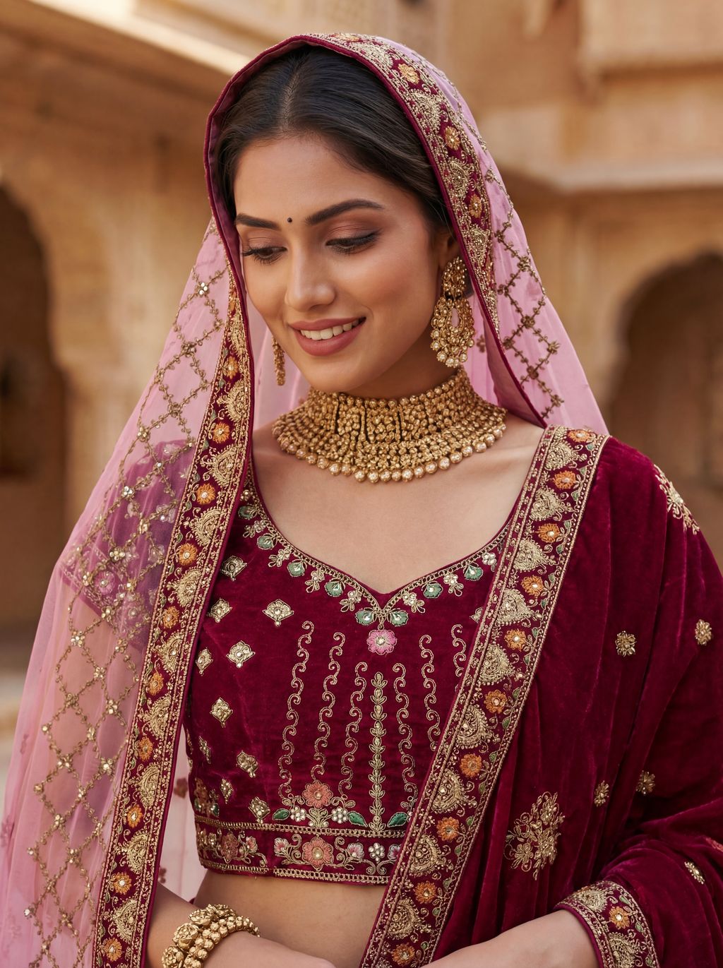 Pink Pure Soft Velvet Heavy Embroidery Patch Work Bridal Lehenga