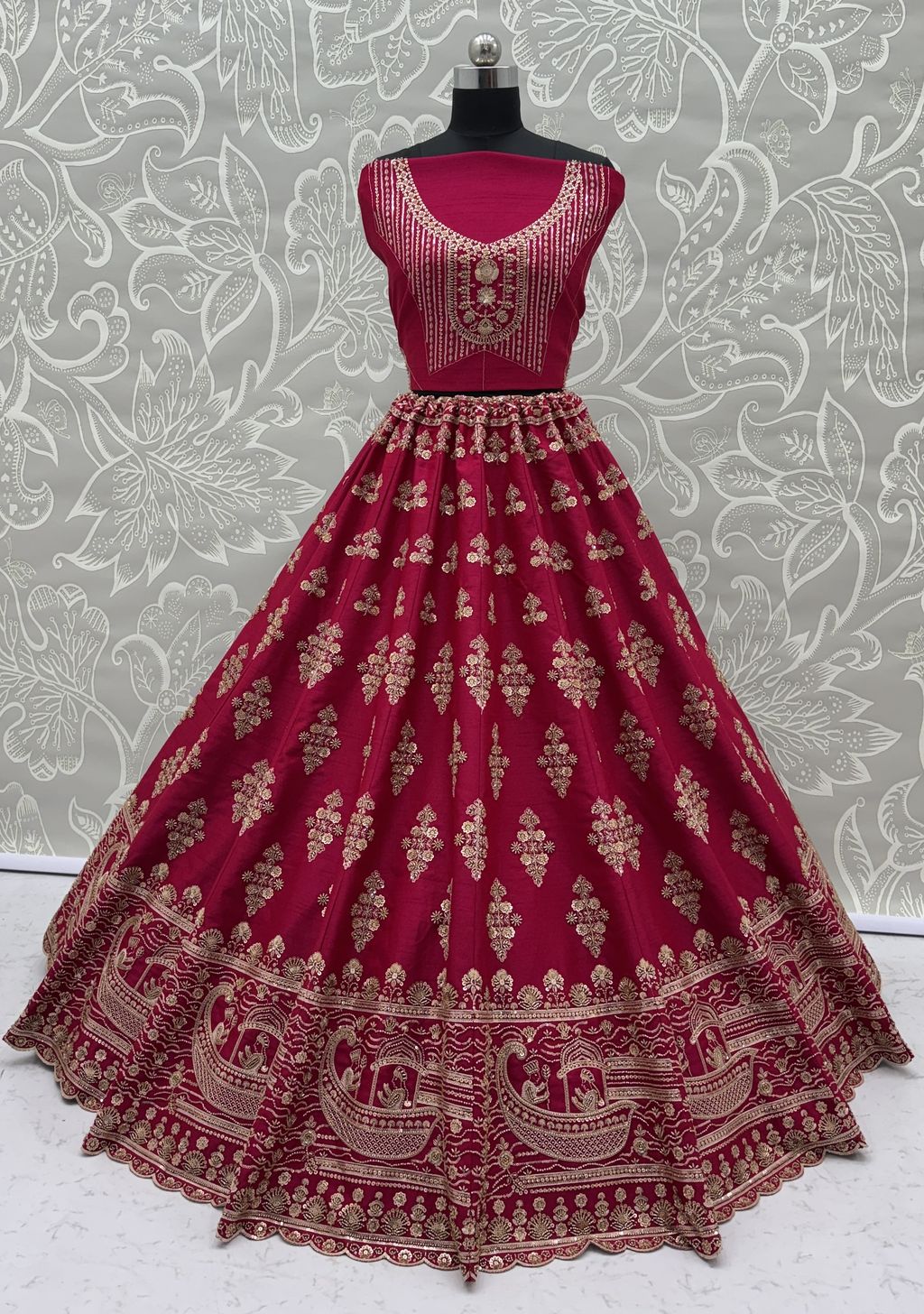 Rani Pink Pure Soft Heavy Silk Sequins Embroidery Work Bridal Lehenga 