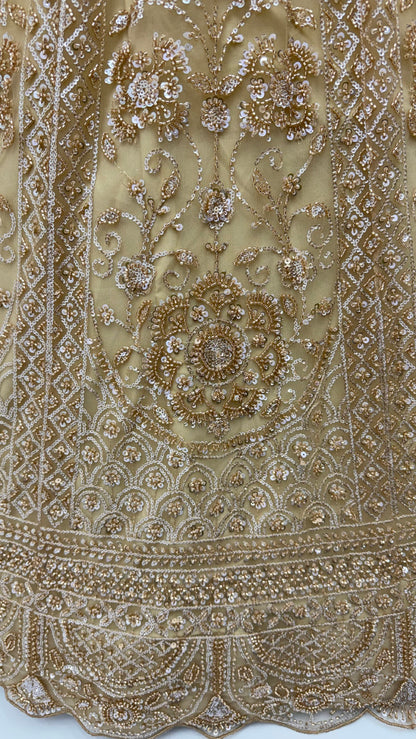 Golden Pure Heavy Net Motif Handwork Zari Sequins Work Bridal Lehenga Choli
