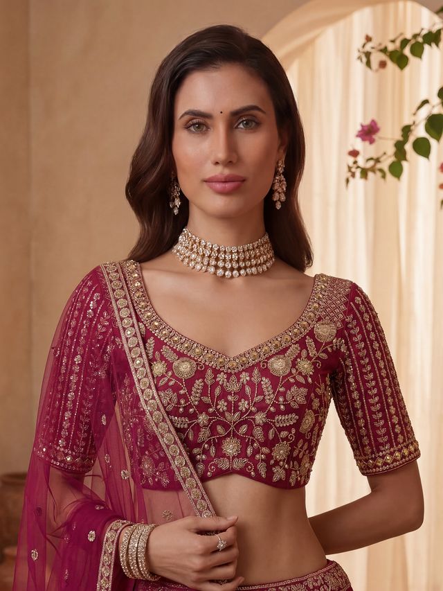 Rani Pink Pure Soft Heavy Net Sequins Embroidery Work Bridal Lehenga Choli 