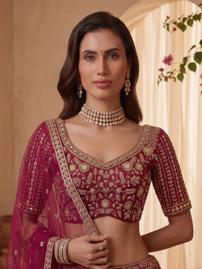 Rani Pink Pure Soft Heavy Net Sequins Embroidery Work Bridal Lehenga Choli 