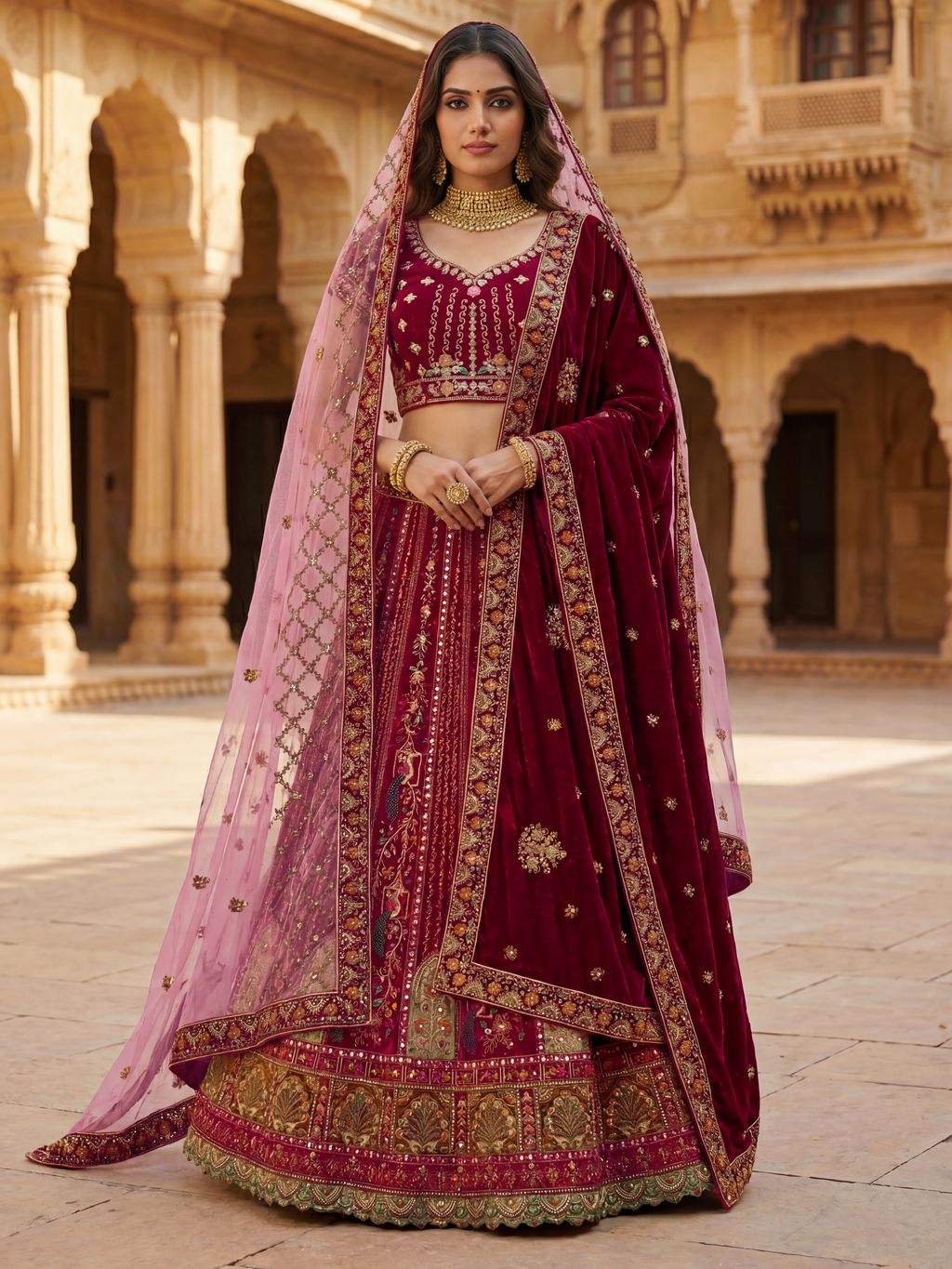 Pink Pure Soft Velvet Heavy Embroidery Patch Work Bridal Lehenga