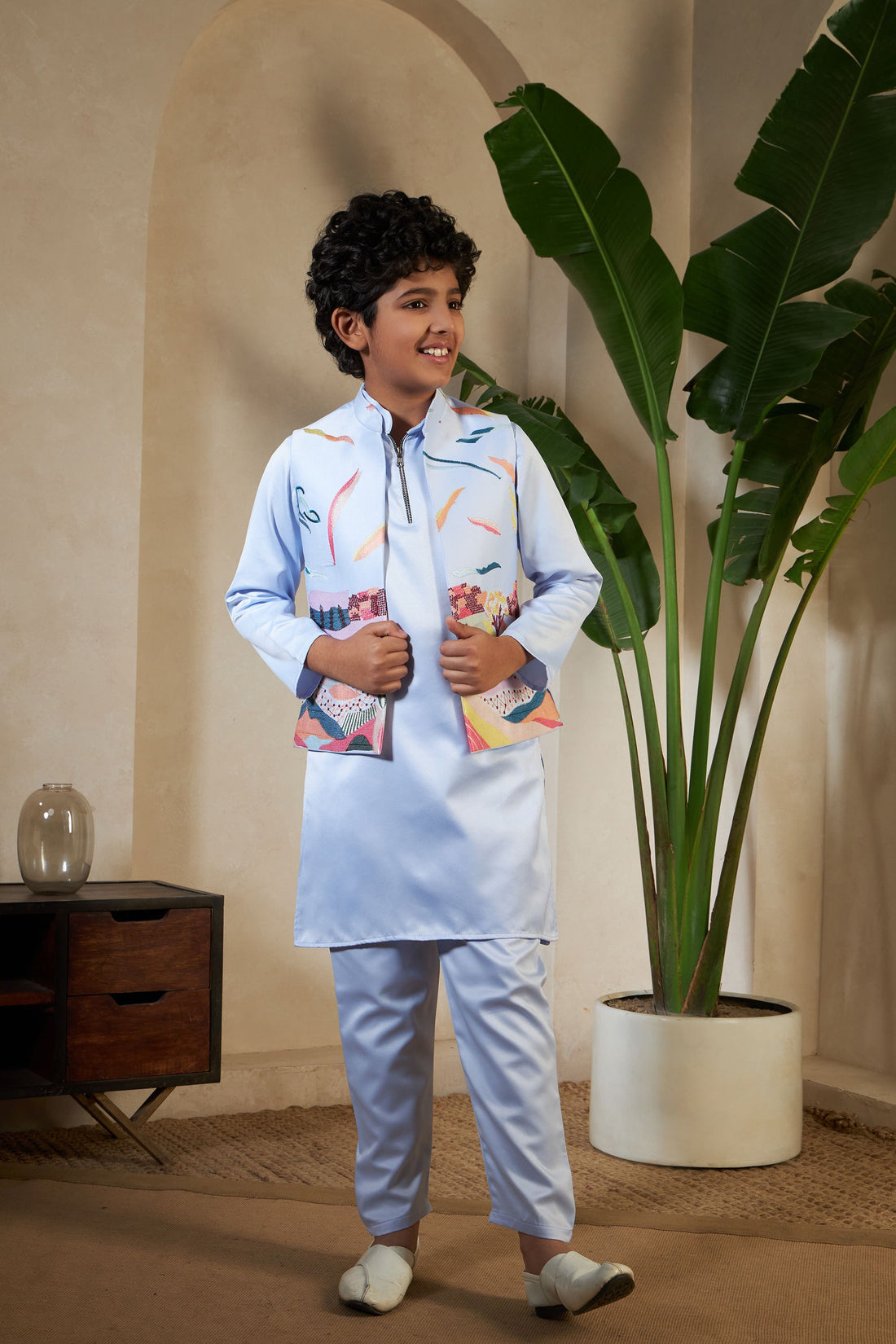 Sky Pure Satin Silk Kids Boy Kurta Pajama With Koti Jacket 