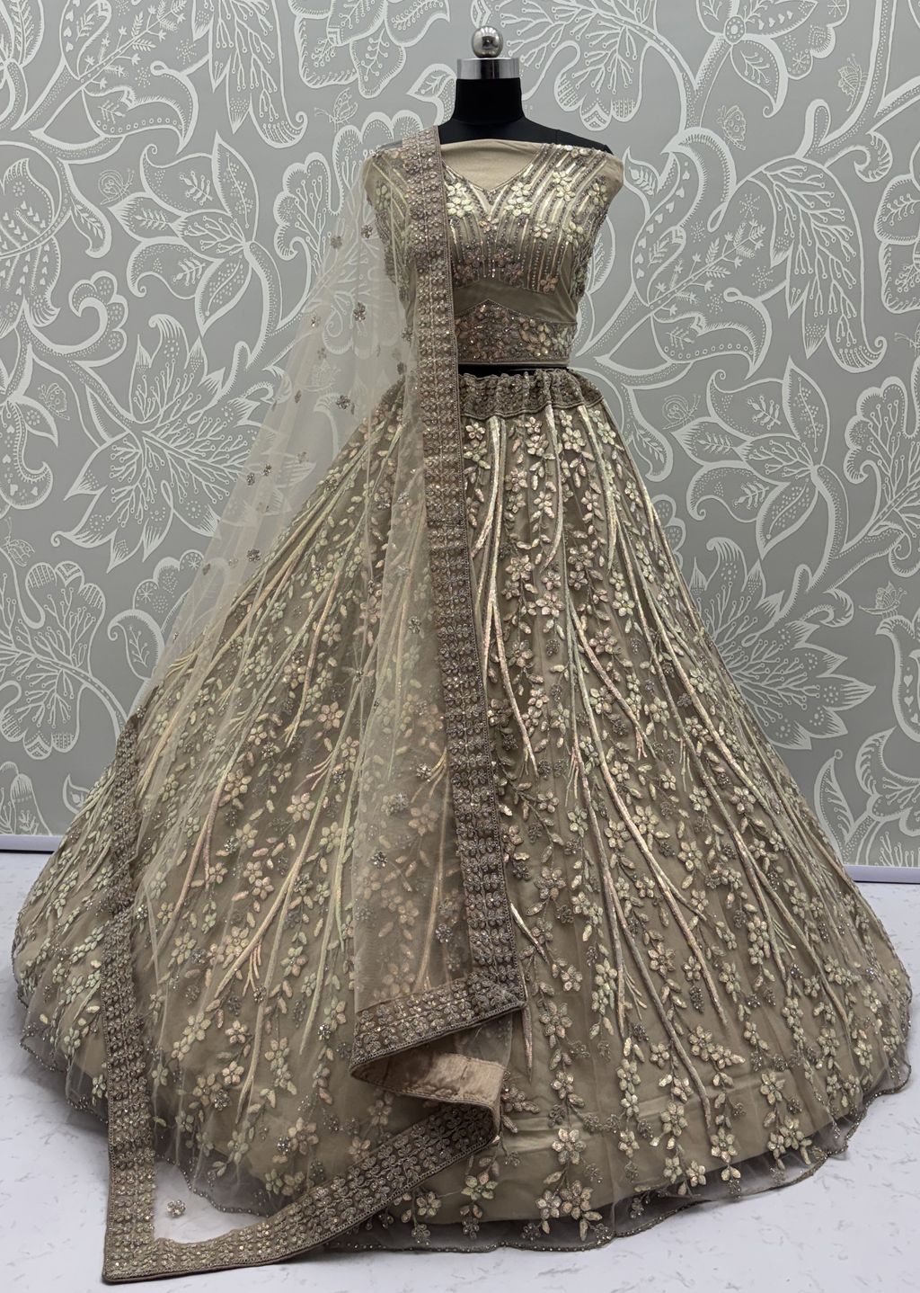 Golden Pure Soft Net Heavy Embroidery Work Bridal Lehenga