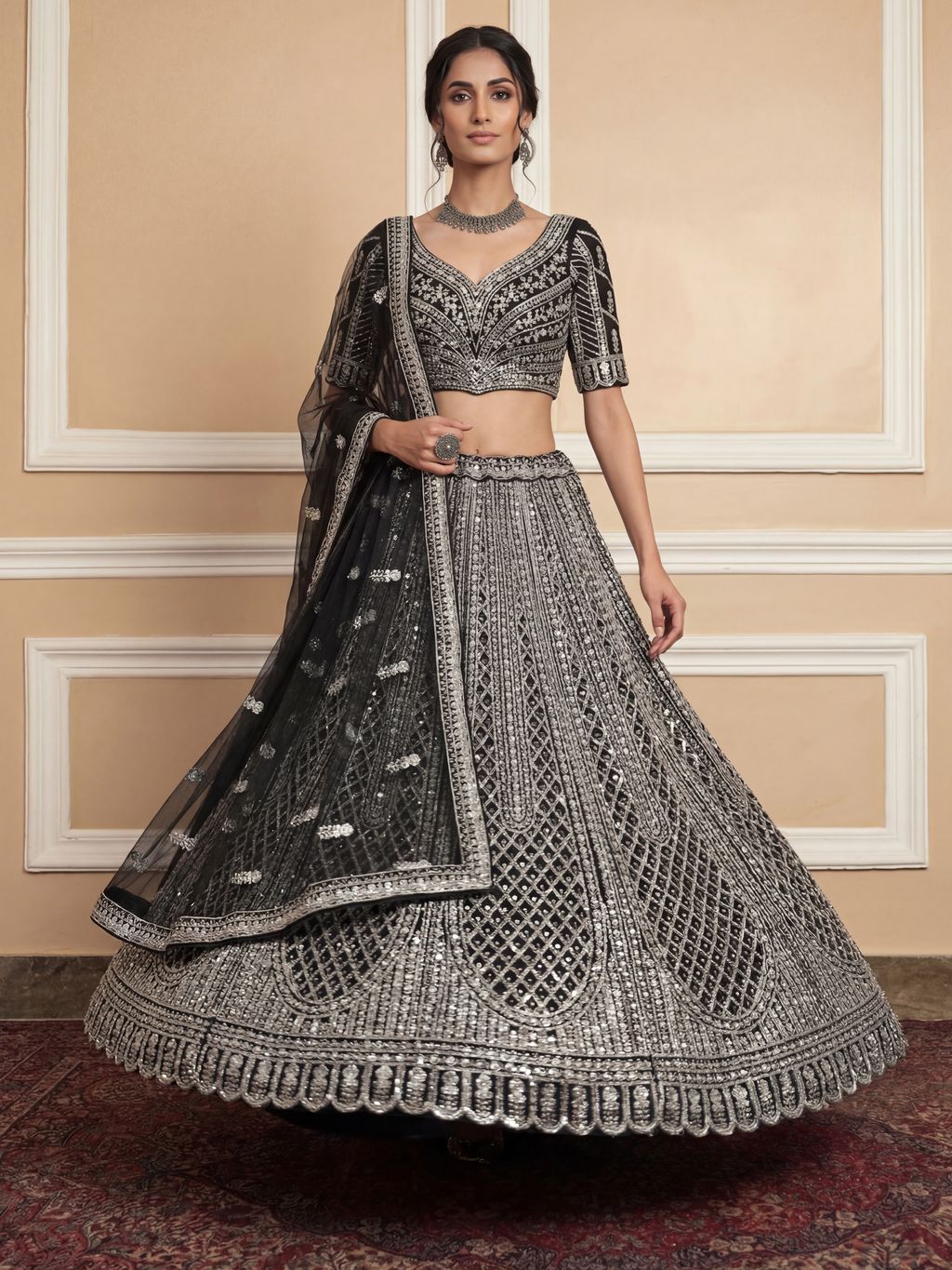 Black Pure Soft Net Heavy Embroidery Work Bridal Lehenga