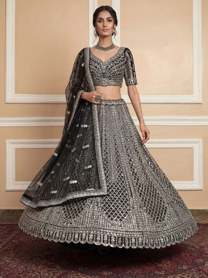Black Pure Soft Net Heavy Embroidery Work Bridal Lehenga